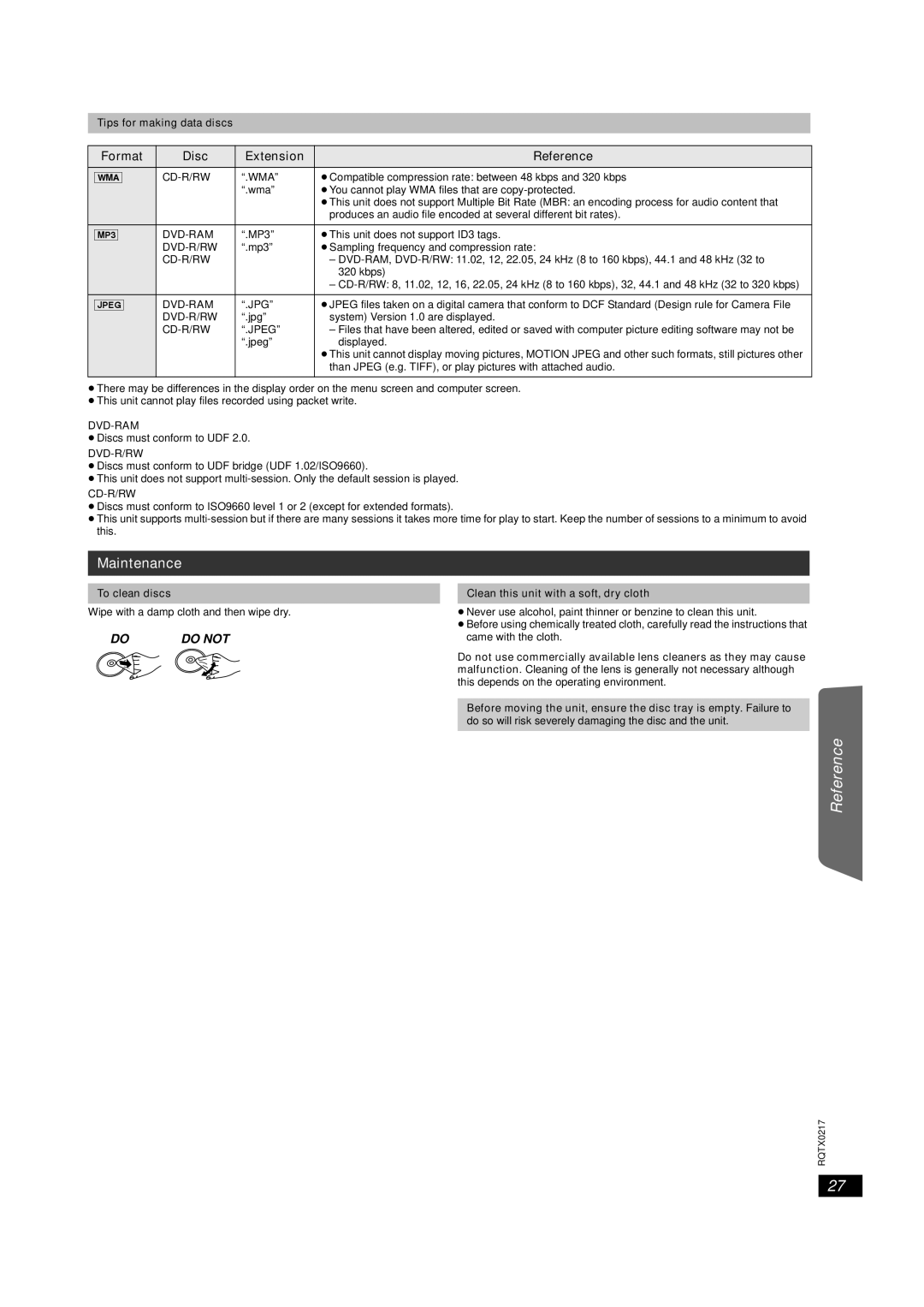 Panasonic SC-PT464 manual Maintenance, Format Disc Extension Reference, Cd-R/Rw, Dvd-R/Rw 