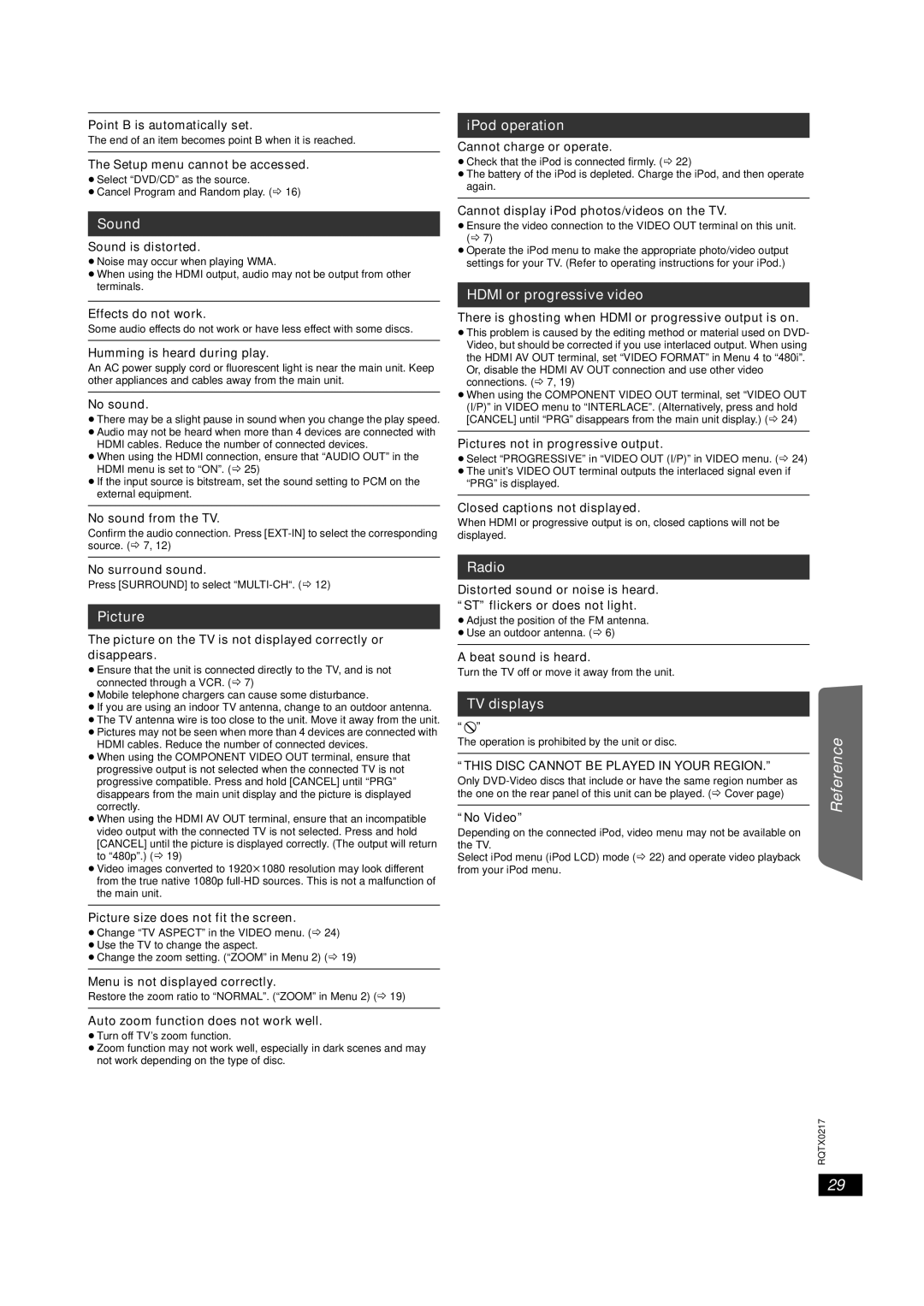 Panasonic SC-PT464 manual Sound, Picture, IPod operation, Hdmi or progressive video, Radio, TV displays 