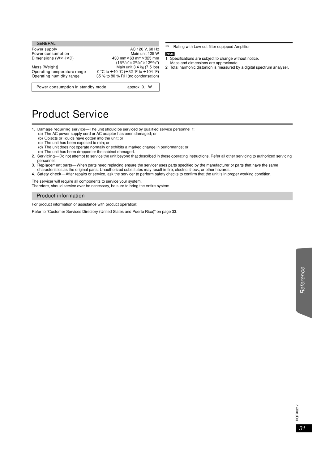 Panasonic SC-PT464 manual Product Service, General 