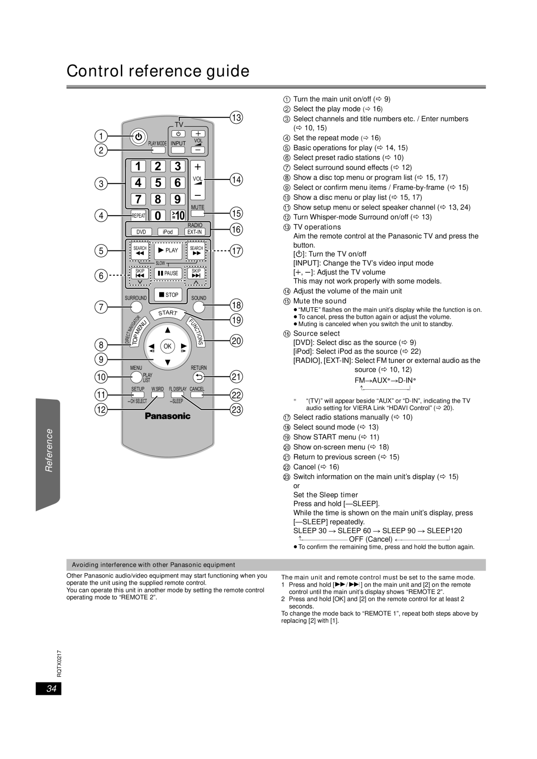 Panasonic SC-PT464 Control reference guide, = TV operations, @ Source select, Set the Sleep timer Press and hold -SLEEP 