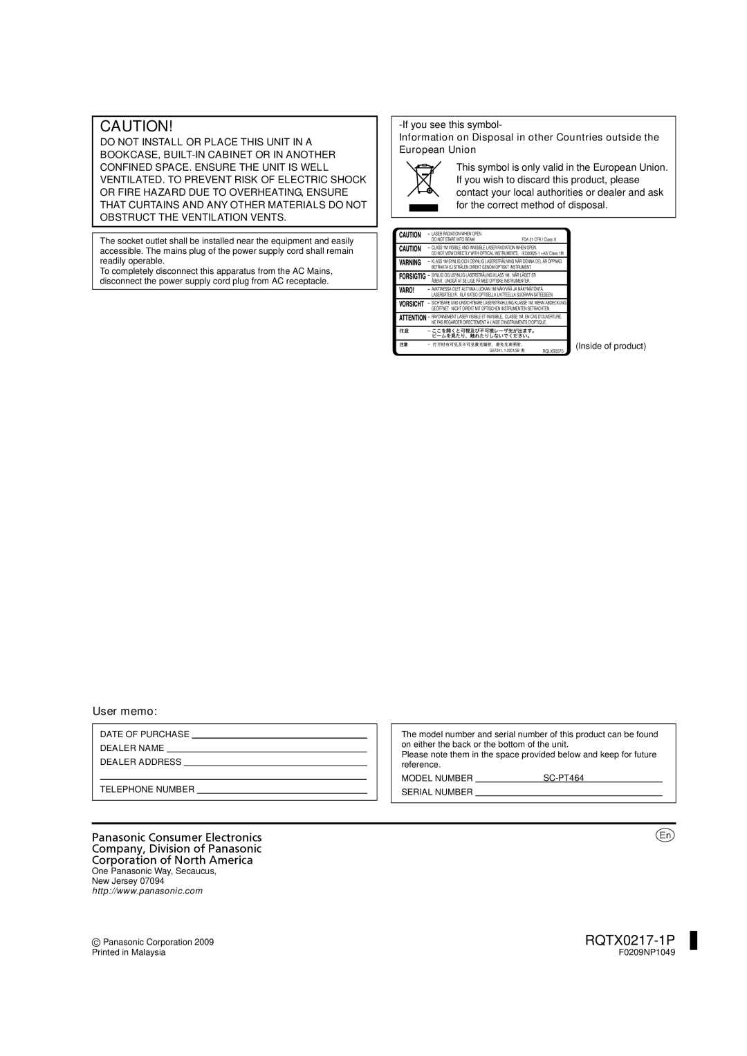 Panasonic SC-PT464 manual Model Number, Serial Number, F0209NP1049 