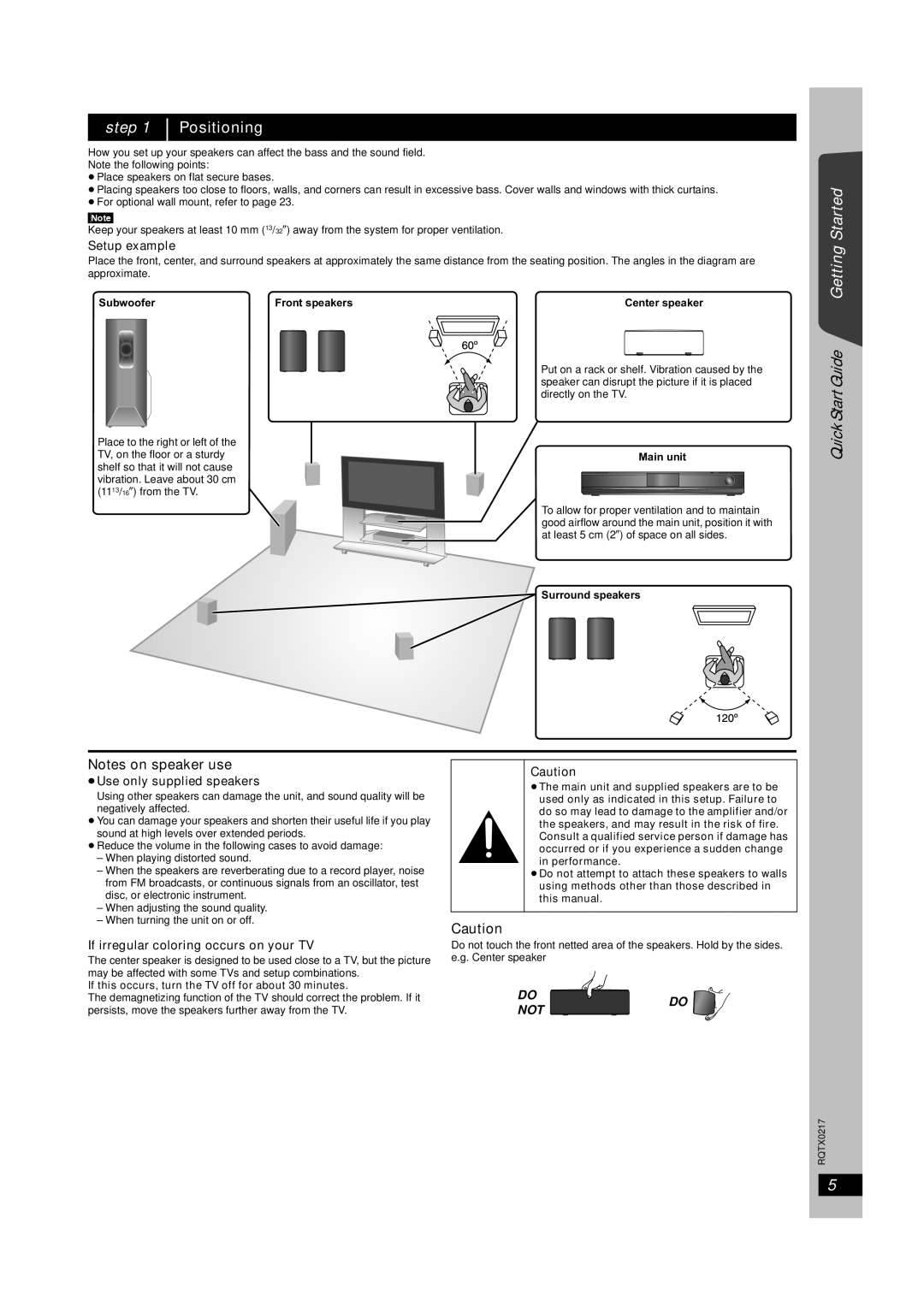 Panasonic SC-PT464 Step Positioning, Setup example, ≥Use only supplied speakers, If irregular coloring occurs on your TV 