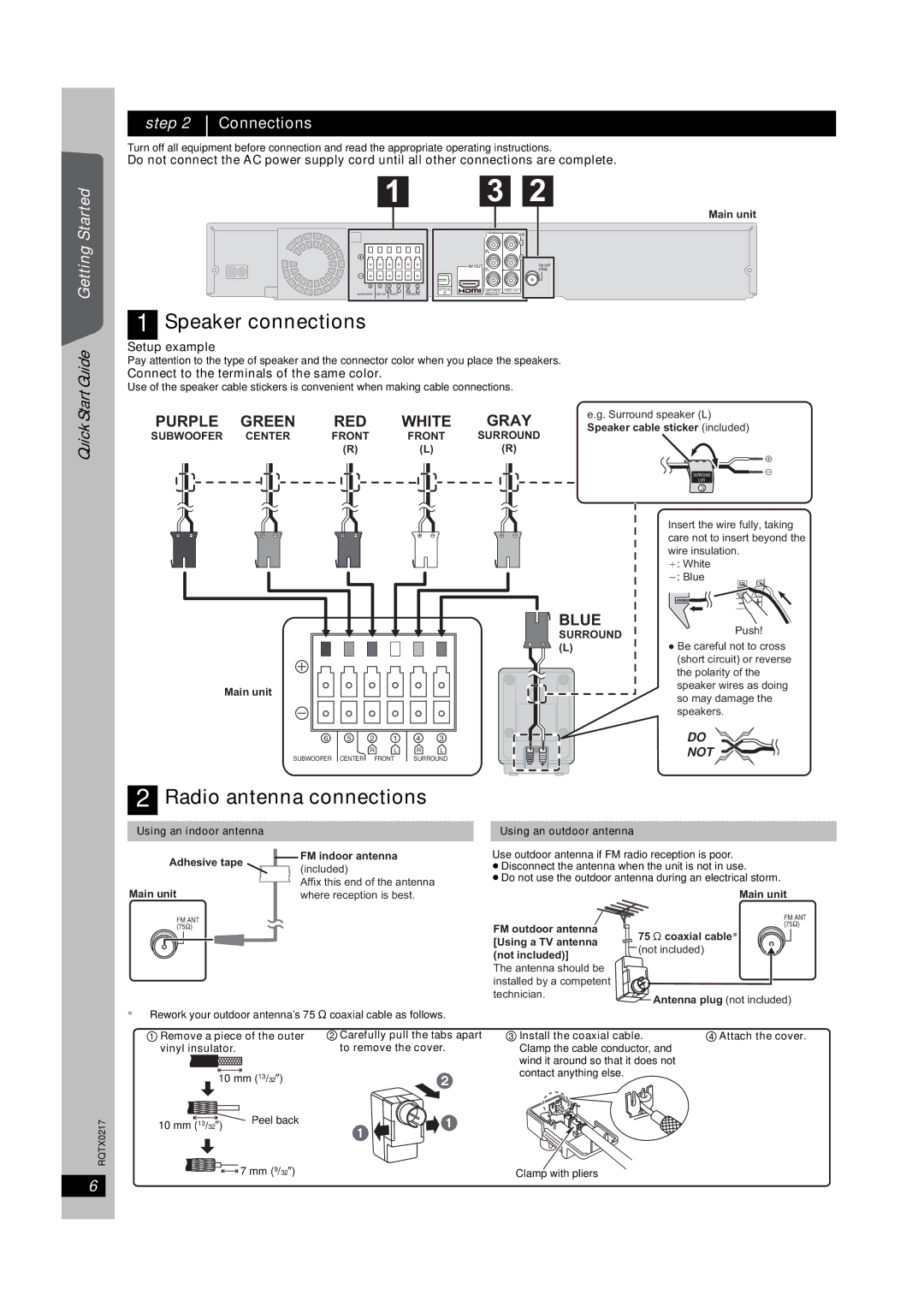 Panasonic SC-PT464 Step Connections, Getting Started, Connect to the terminals of the same color, Subwoofer Center Front 