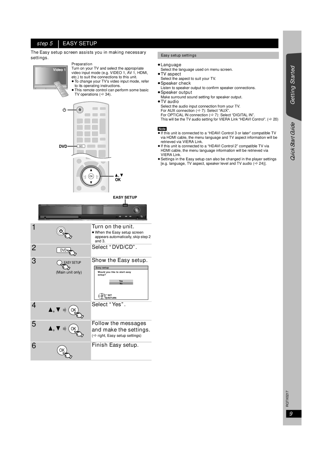 Panasonic SC-PT464 manual Turn on the unit, Select DVD/CD Show the Easy setup, Finish Easy setup 