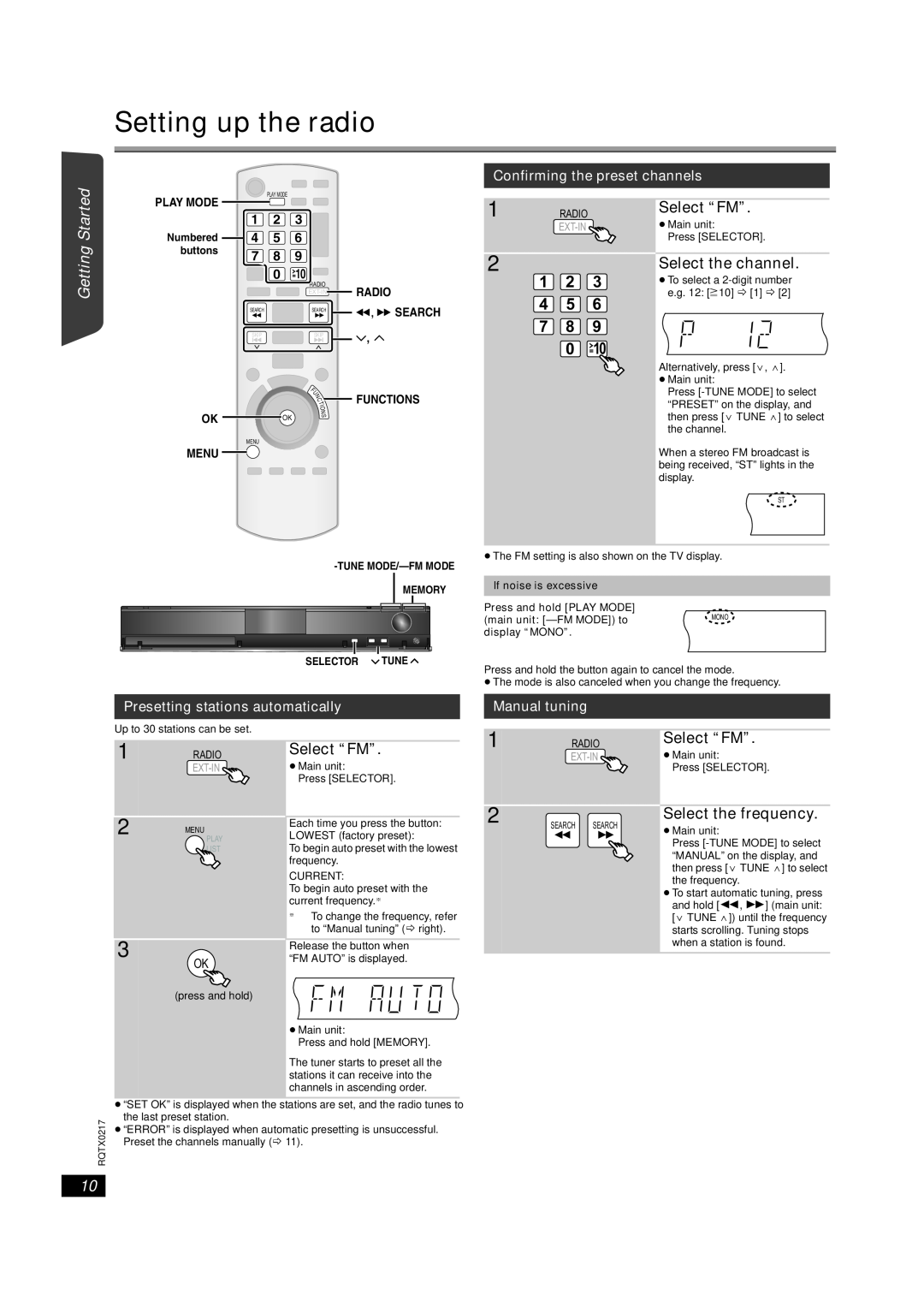 Panasonic SC-PT464 Setting up the radio, Select “FM”, Select the channel, Select the frequency, Manual tuning, 1 2 4 5 7 