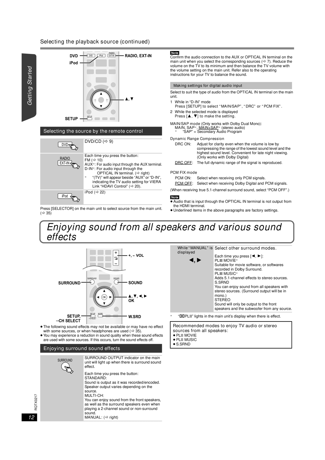 Panasonic SC-PT464 Selecting the playback source continued, Getting Started Playing Discs Operations, Other, Reference 