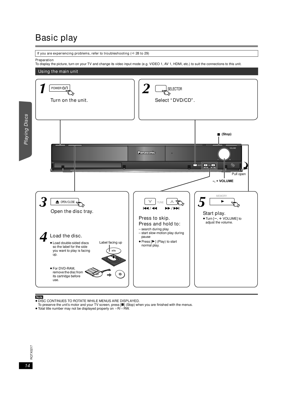 Panasonic SC-PT464 Basic play, Select “DVD/CD”, Playing Discs Other Operations Reference, Open the disc tray, Start play 