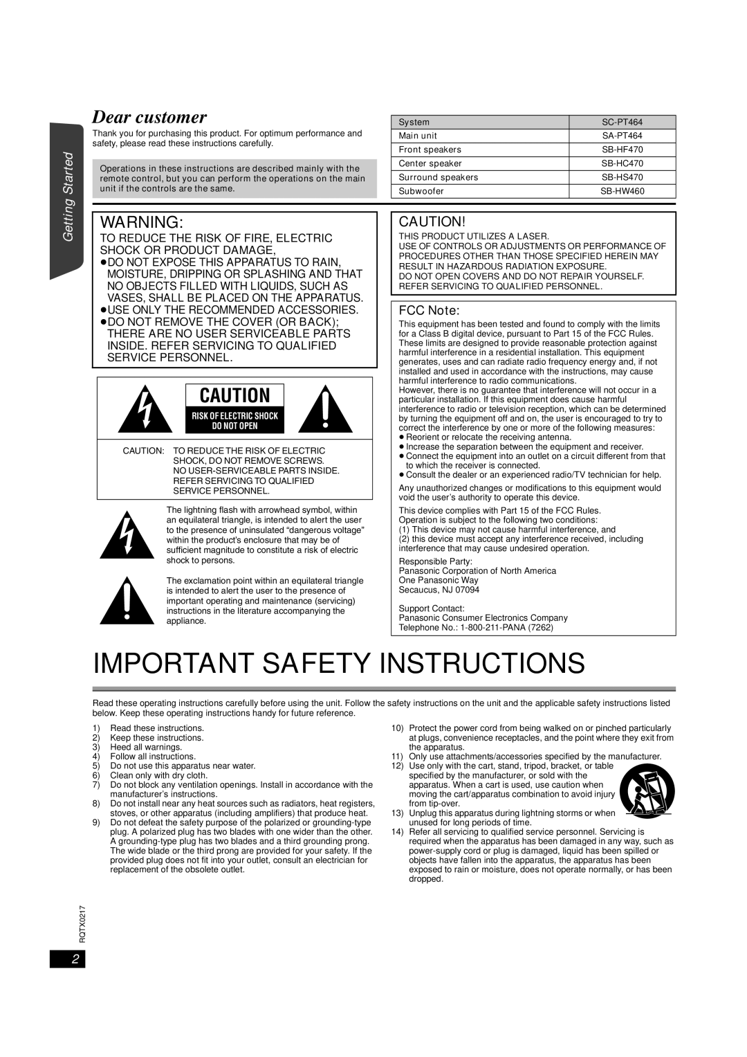 Panasonic SC-PT464 Started, Getting Playing Discs Other Operations Reference, FCC Note, Important Safety Instructions 