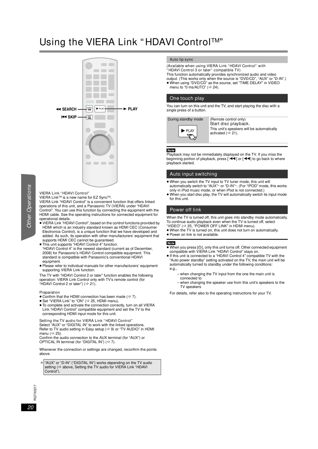 Panasonic SC-PT464 Using the VIERA Link “HDAVI ControlTM”, One touch play, Auto input switching, Power off link, Skip 