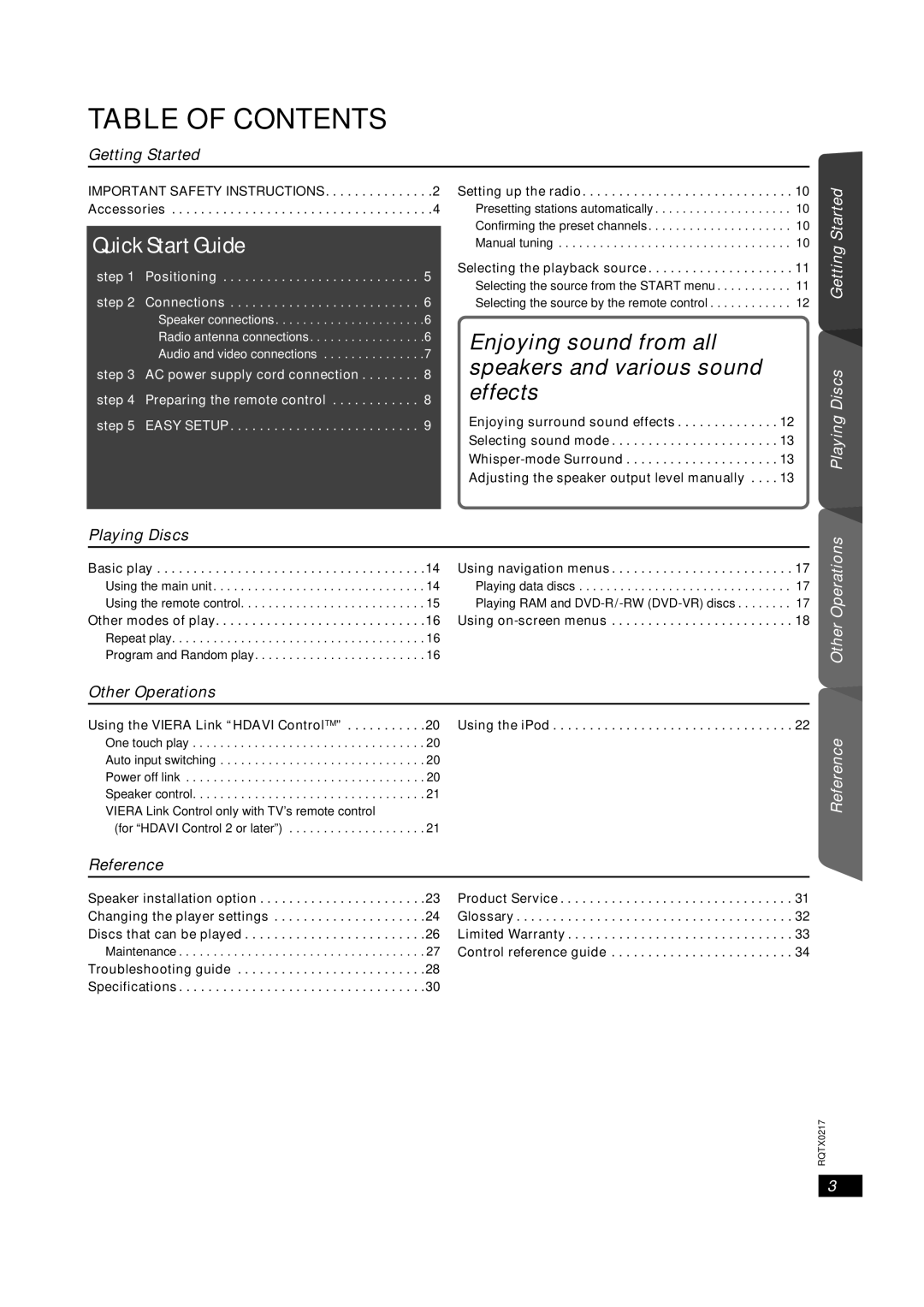 Panasonic SC-PT464 manual Table Of Contents, Getting Started Playing Discs, Other Operations, Reference, Quick Start Guide 