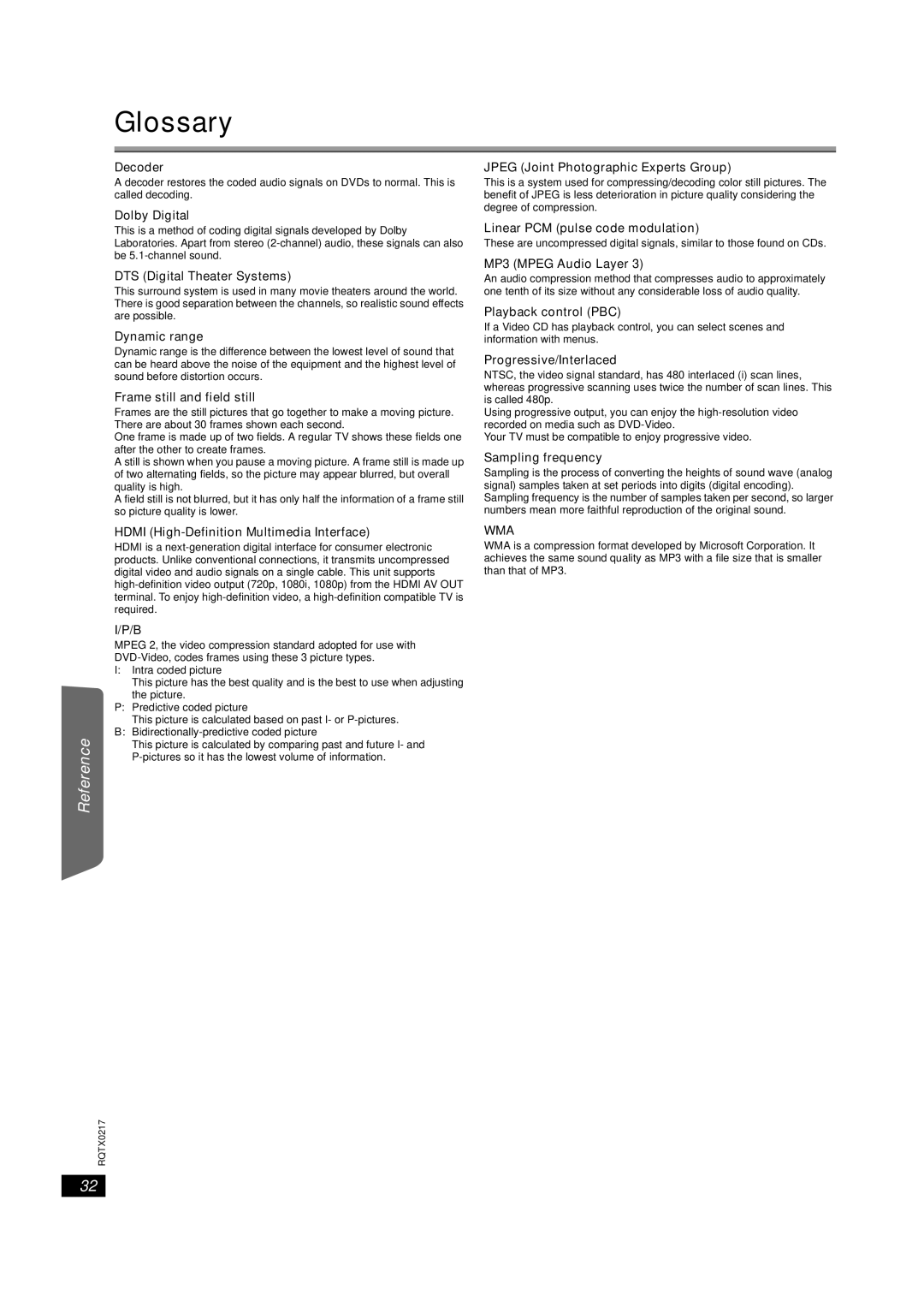 Panasonic SC-PT464 manual Glossary, Getting Started Playing Discs, Other Operations Reference 