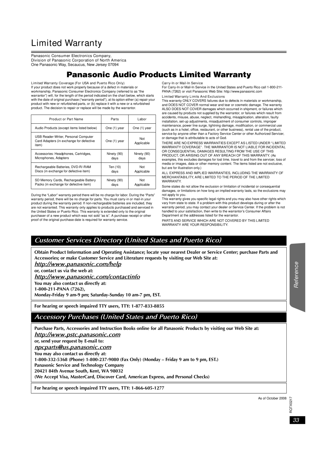 Panasonic SC-PT464 manual Getting Playing Discs Other Operations, Panasonic Audio Products Limited Warranty, Started 
