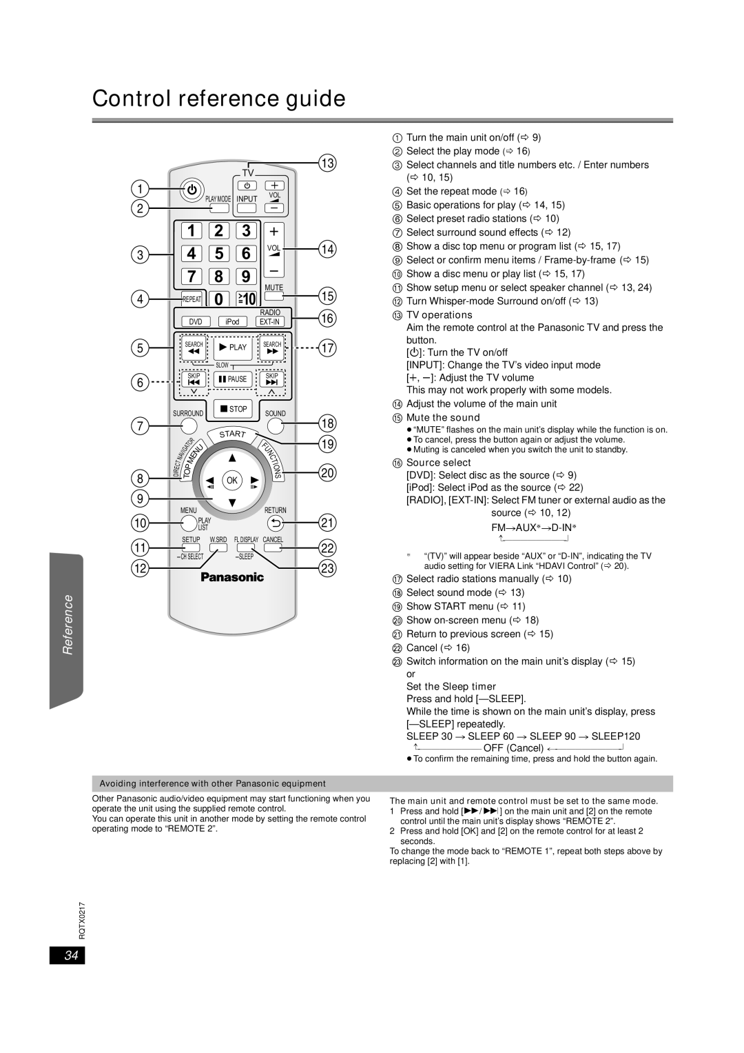 Panasonic SC-PT464 Control reference guide, = TV operations, @ Source select, Set the Sleep timer Press and hold -SLEEP 