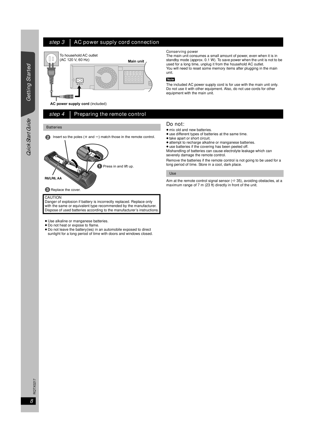 Panasonic SC-PT464 manual AC power supply cord connection, Quick Start Guide, Do not, Preparing the remote control, step 