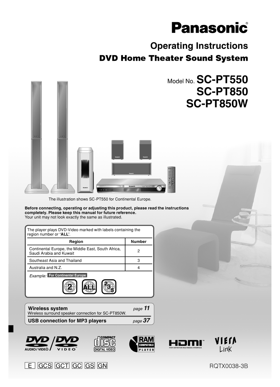 Panasonic SC-PT850W manual Illustration shows SC-PT550 for Continental Europe, Region 