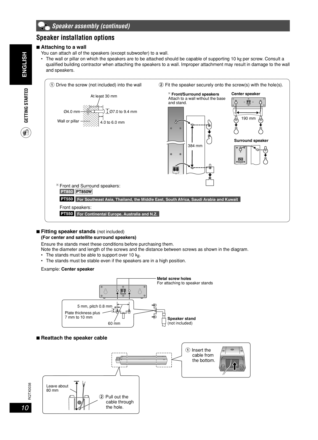 Panasonic SC-PT850W manual Speaker installation options, Speaker assembly, Attaching to a wall, Reattach the speaker cable 