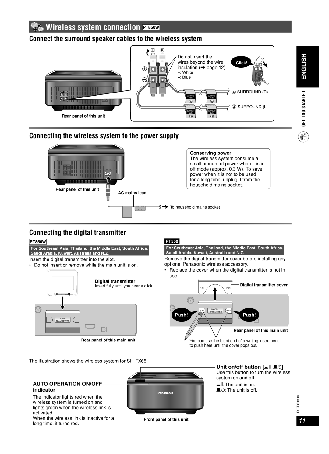 Panasonic SC-PT850, SC-PT550 manual Wireless system connection, Connect the surround speaker cables to the wireless system 