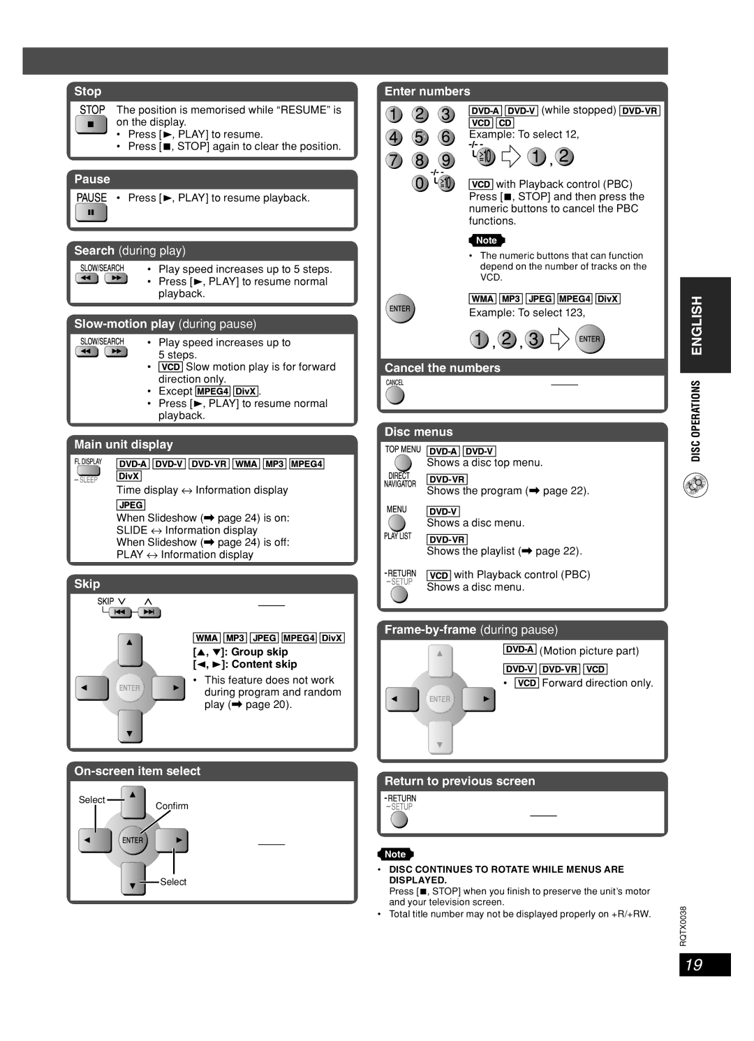 Panasonic SC-PT850W, SC-PT550 manual Press 3, Play to resume playback, ∞ Group skip Content skip, Disc Operations English 