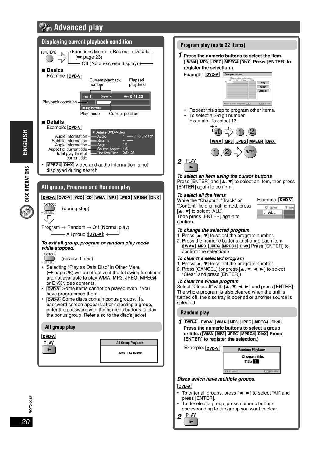 Panasonic SC-PT850, SC-PT550 manual Advanced play, Displaying current playback condition, All group, Program and Random play 