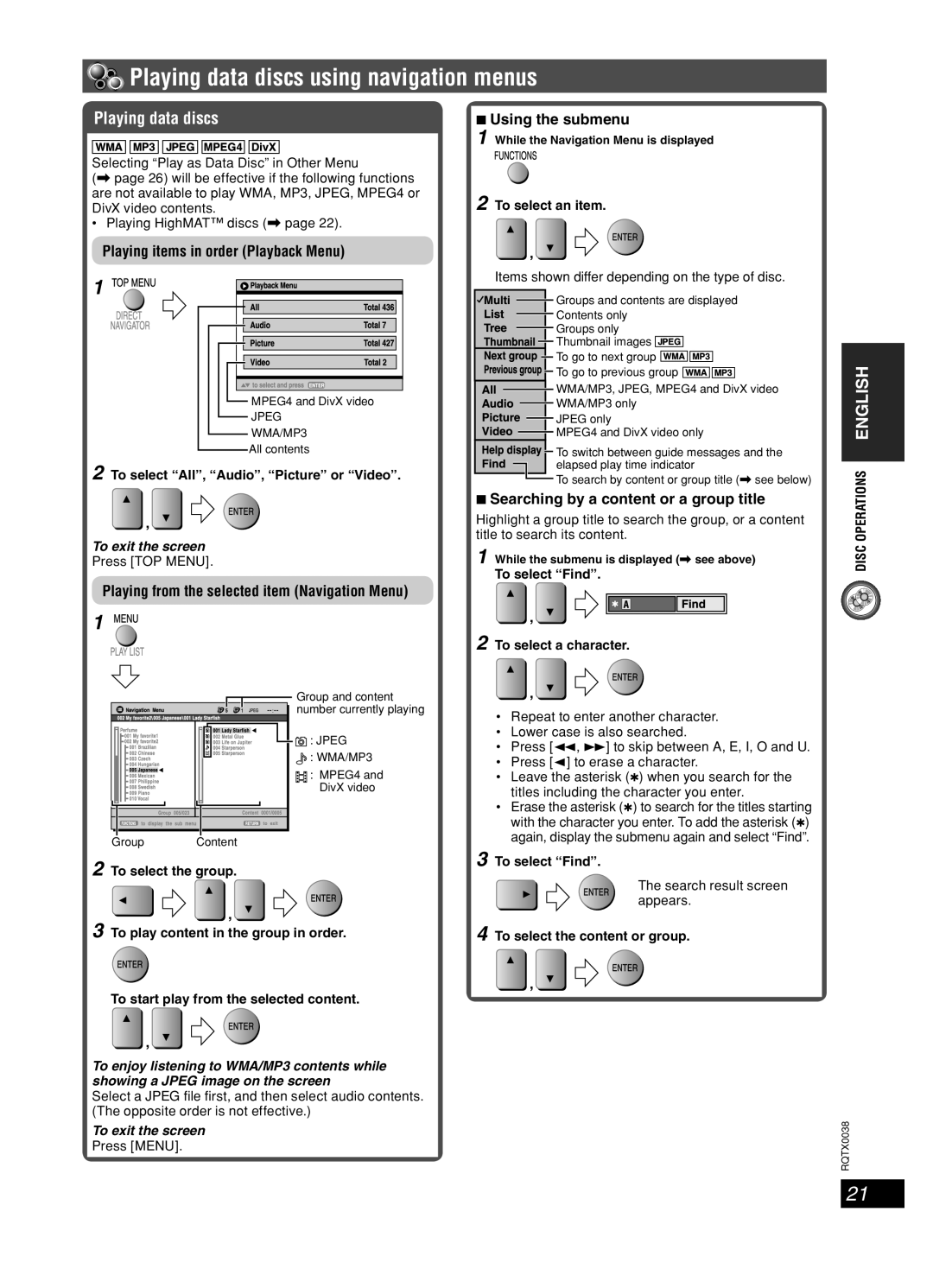 Panasonic SC-PT550, SC-PT850W manual Playing data discs using navigation menus 