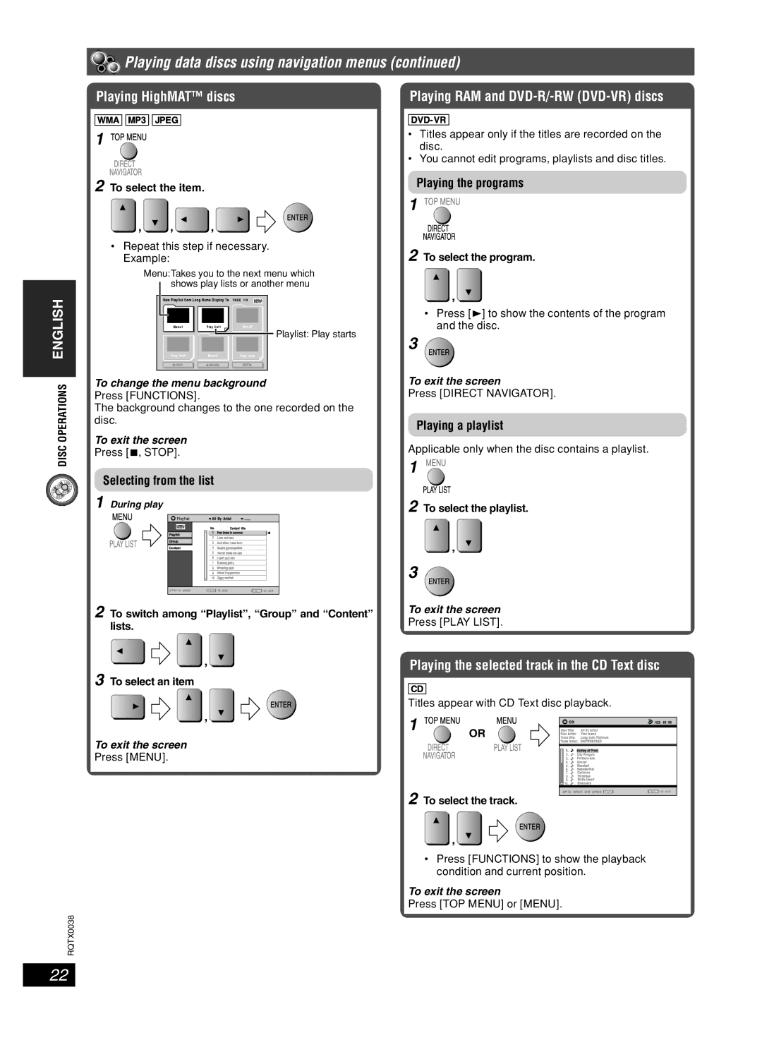 Panasonic SC-PT850W, SC-PT550 manual Playing data discs using navigation menus, Playing HighMAT discs 