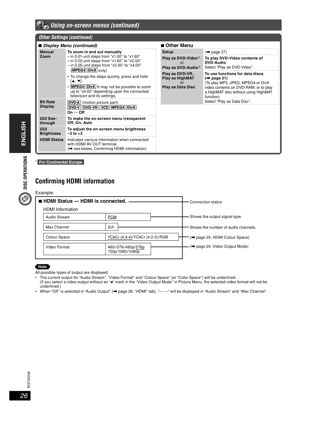 Panasonic SC-PT850 Conﬁrming Hdmi information, Other Menu, Hdmi Status Hdmi is connected, Display Menu, Hdmi Information 