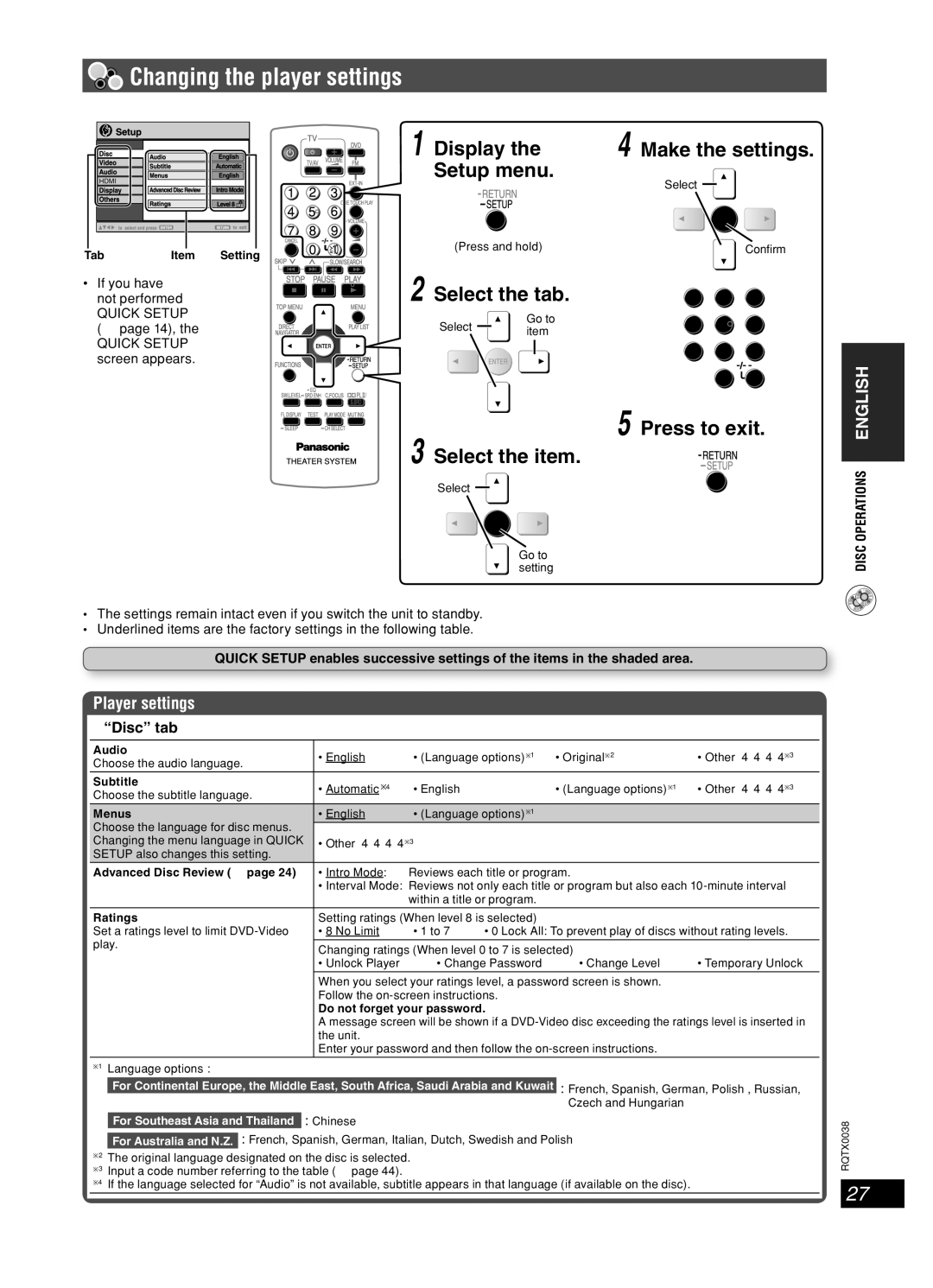 Panasonic SC-PT550 manual Changing the player settings, Display, Setup menu, Select the tab, Press to exit Select the item 