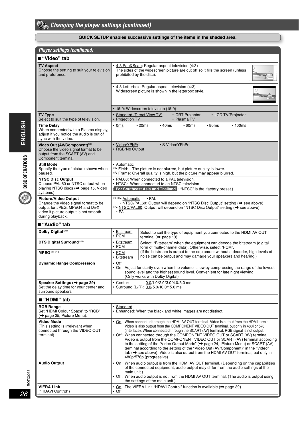 Panasonic SC-PT850W, SC-PT550 manual Changing the player settings, Video tab, Audio tab, Hdmi tab 