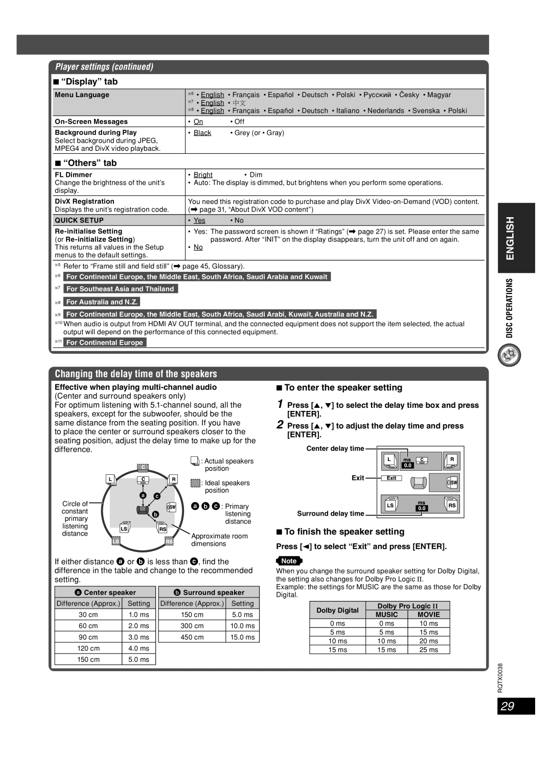 Panasonic SC-PT850 manual Changing the delay time of the speakers, Display tab, Others tab, To enter the speaker setting 