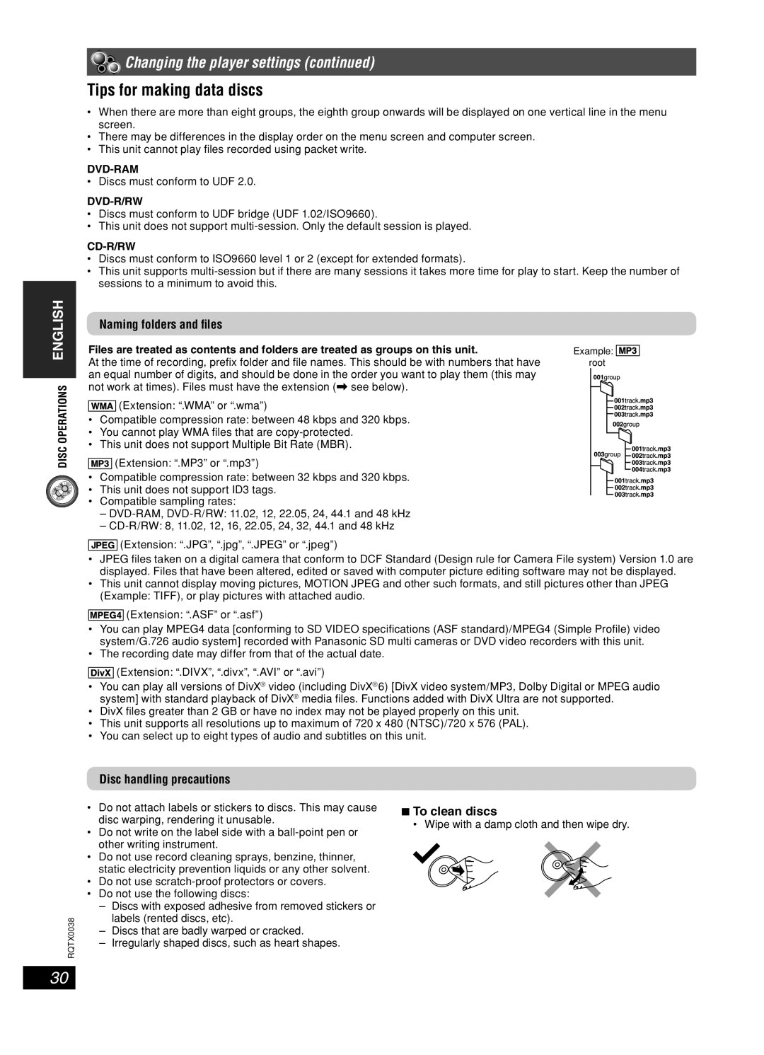 Panasonic SC-PT550 manual Tips for making data discs, Naming folders and ﬁles, Disc handling precautions, To clean discs 