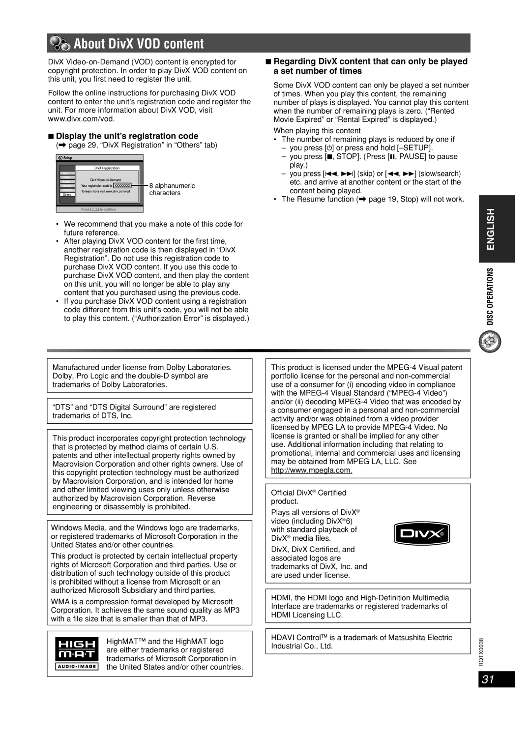 Panasonic SC-PT850W About DivX VOD content, Display the unit’s registration code, page 29, DivX Registration in Others tab 