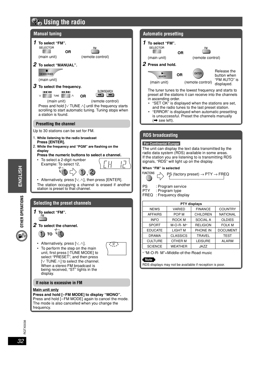 Panasonic SC-PT850 Using the radio, Manual tuning, Selecting the preset channels, Automatic presetting, RDS broadcasting 