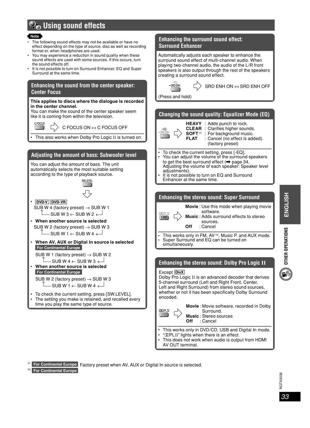 Panasonic SC-PT550, SC-PT850W manual Using sound effects, Enhancing the sound from the center speaker Center Focus 