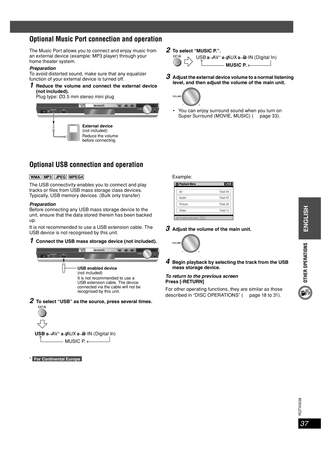 Panasonic SC-PT850W, SC-PT550 manual Optional USB connection and operation, Music P, To return to the previous screen 