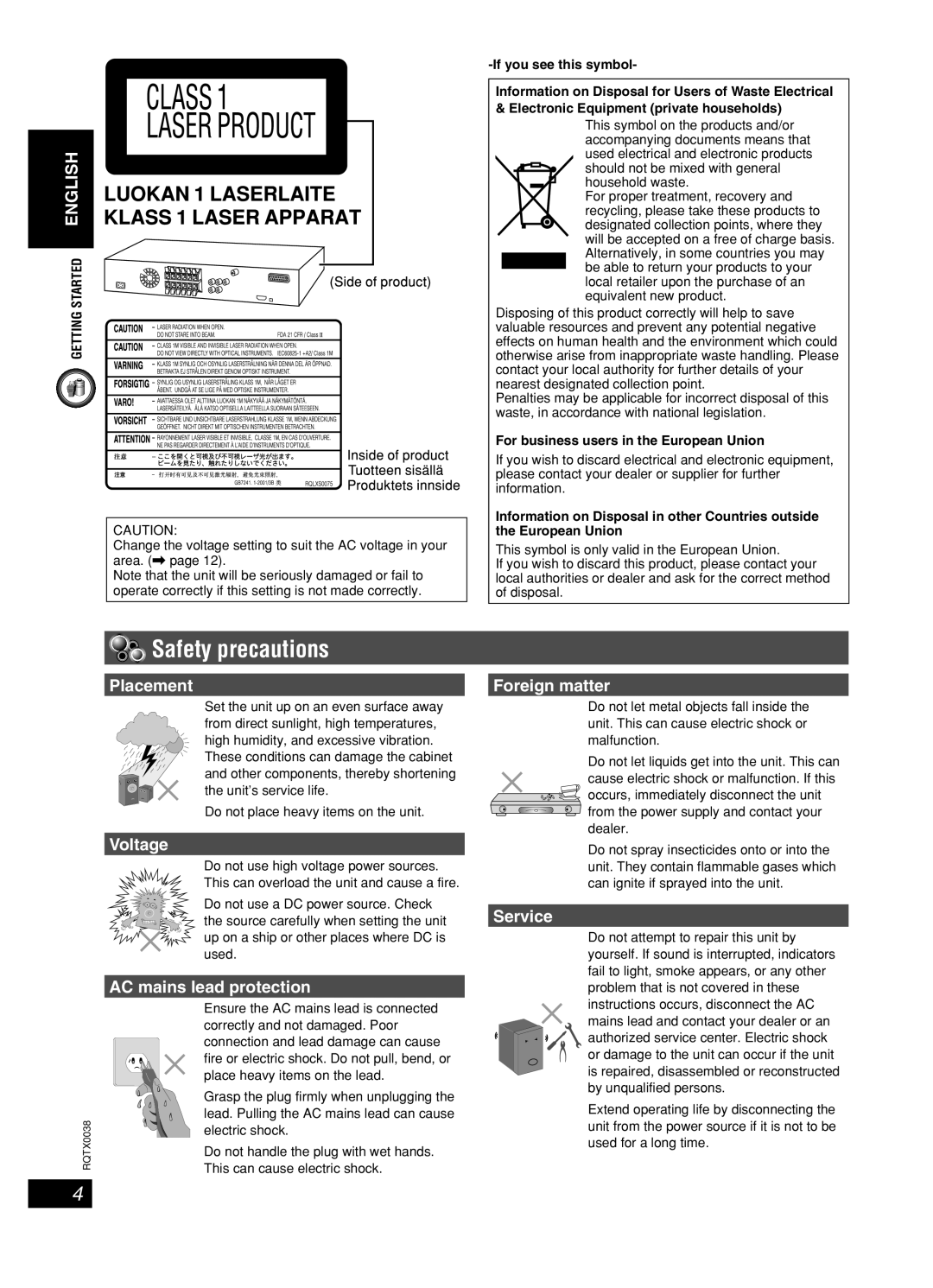 Panasonic SC-PT850W, SC-PT550 manual Safety precautions 