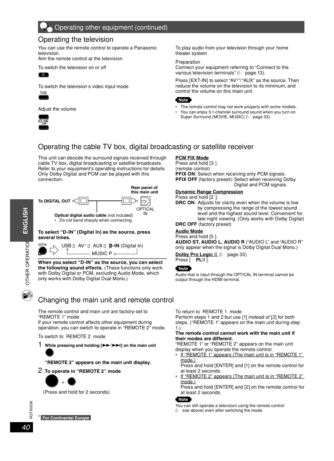 Panasonic SC-PT850W manual Operating the television, PCM FIX Mode, Dynamic Range Compression, To switch to Remote 2 mode 