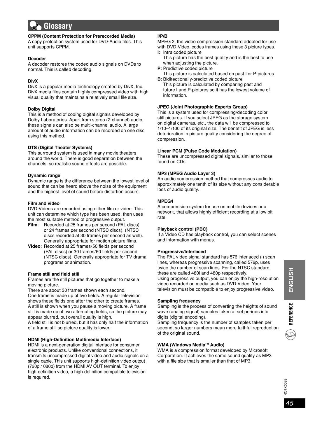 Panasonic SC-PT550, SC-PT850W manual Glossary, MPEG4 