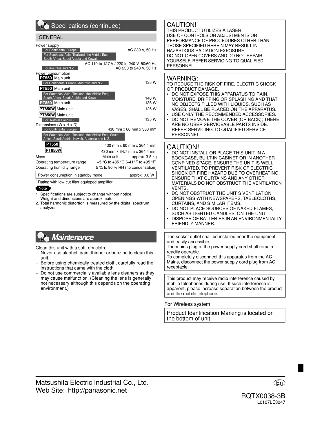 Panasonic SC-PT550 Maintenance, Speciﬁcations, For Wireless system, Clean this unit with a soft, dry cloth, L0107LE3047 