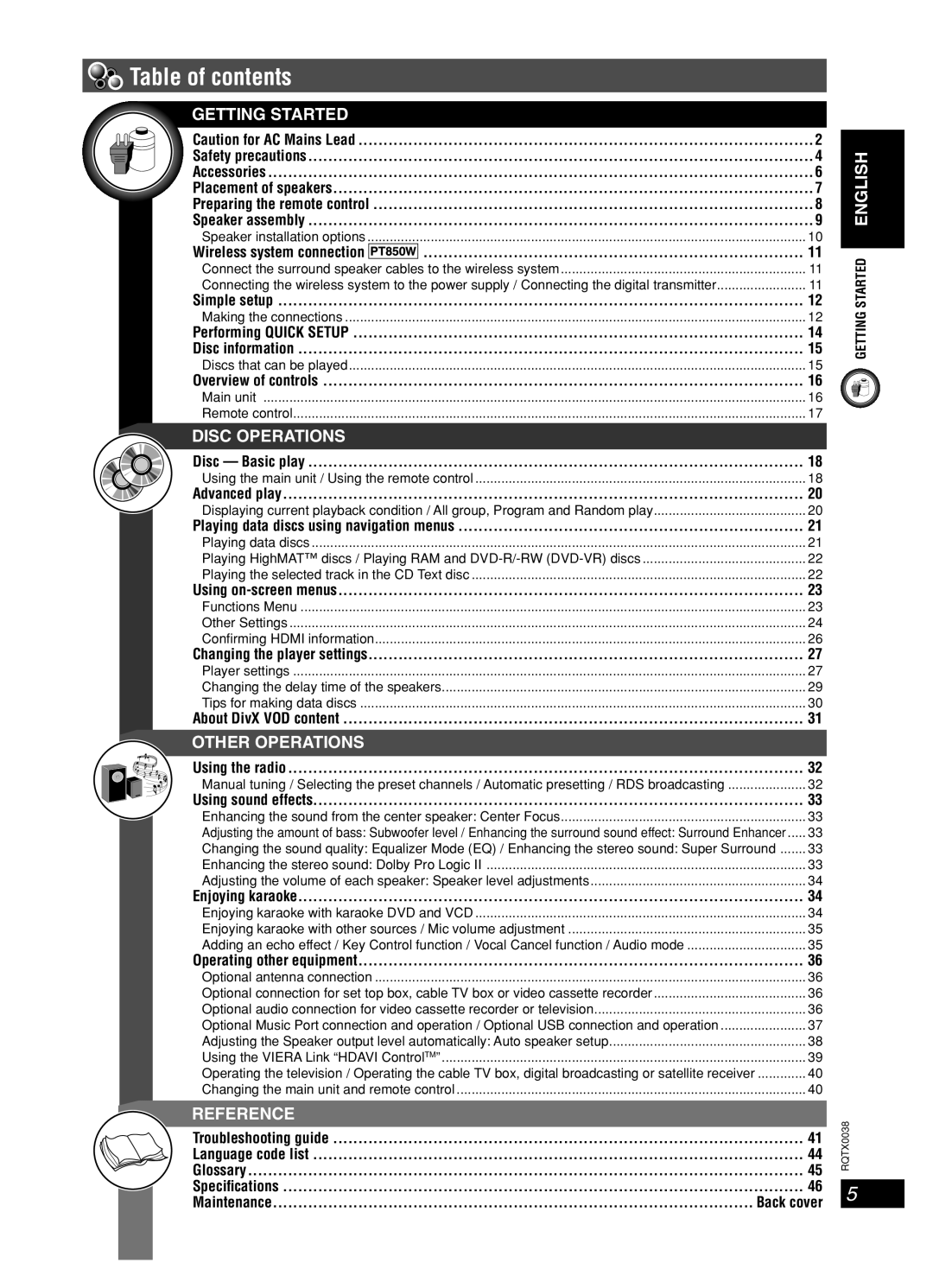 Panasonic SC-PT550, SC-PT850W manual Table of contents 