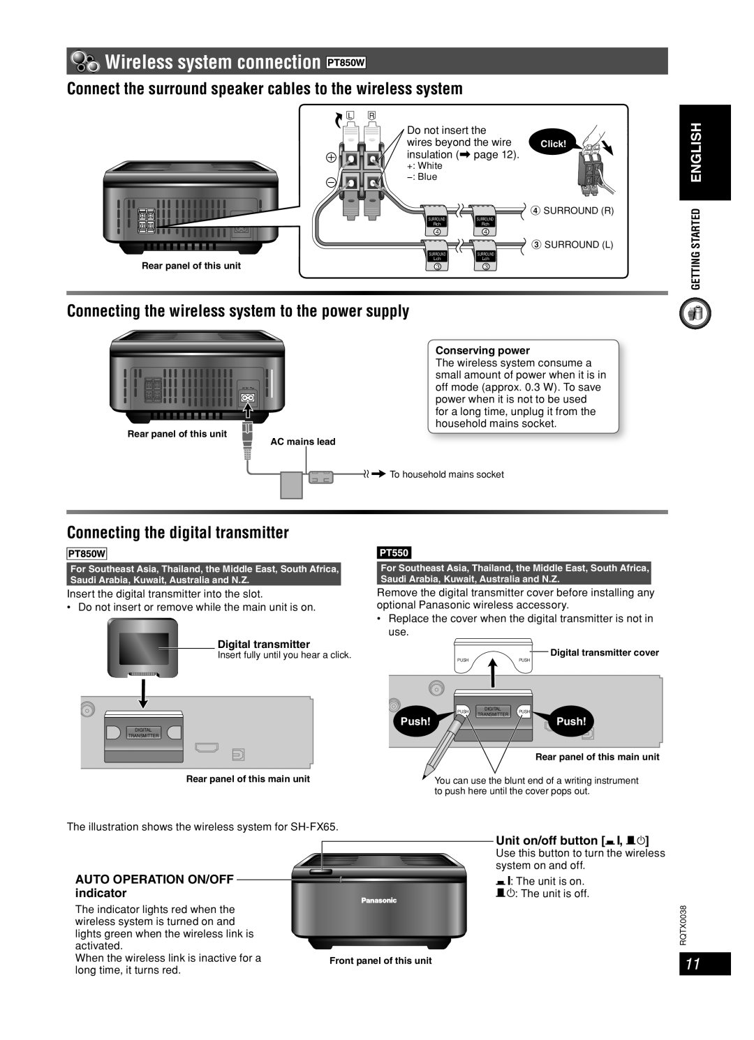 Panasonic SC-PT850 Wireless system connection, Connecting the digital transmitter, AUTO OPERATION ON/OFF indicator, Push 