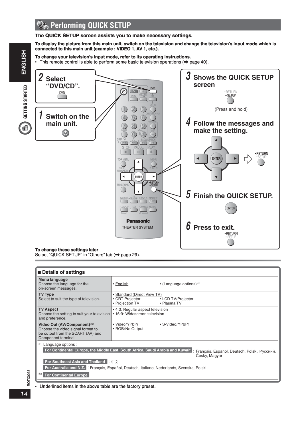 Panasonic SC-PT850 manual Performing QUICK SETUP, Select “DVD/CD” 1 Switch on the main unit, Shows the QUICK SETUP screen 