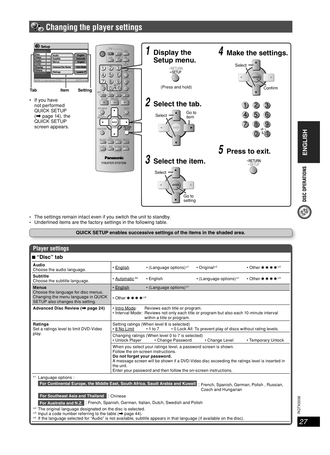 Panasonic SC-PT550 Changing the player settings, Display the, Setup menu, Select the tab, Press to exit 3 Select the item 