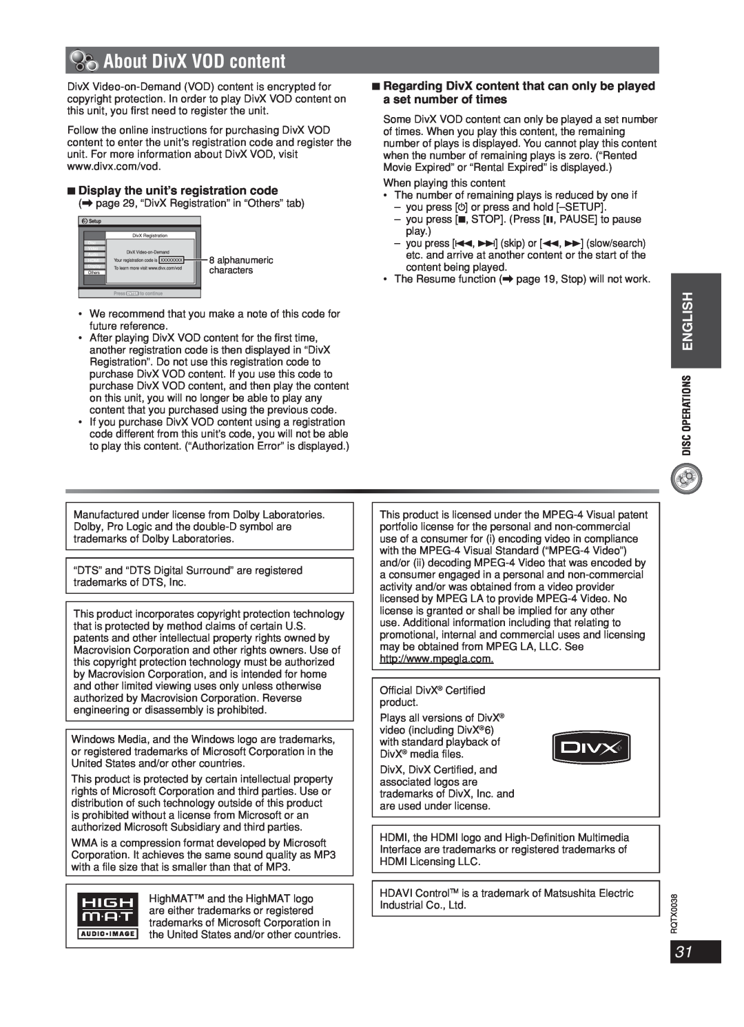 Panasonic SC-PT850W, SC-PT550 manual About DivX VOD content, 7Display the unit’s registration code, Disc Operations English 