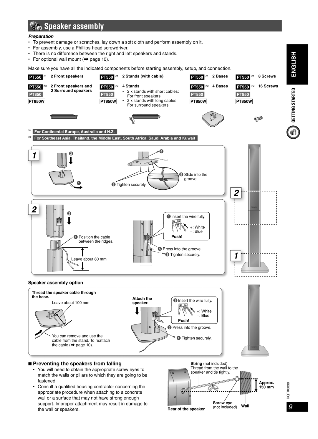 Panasonic SC-PT550, SC-PT850 Speaker assembly, 7Preventing the speakers from falling, Preparation, Getting Started English 
