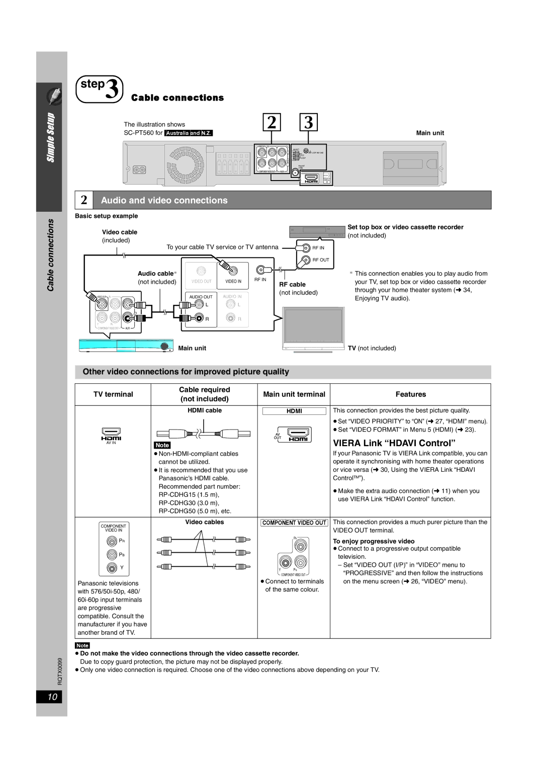 Panasonic SC-PT560, SC-PT565, SC-PT865 Audio and video connections, Viera Link Hdavi Control, Cable connections 