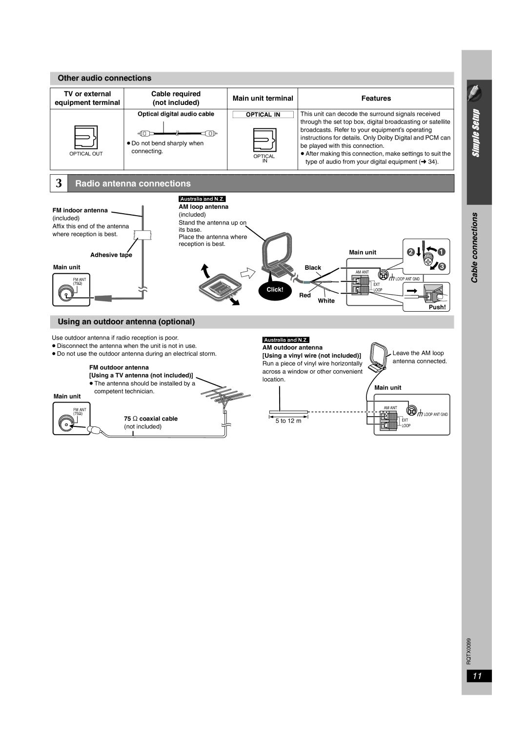 Panasonic SC-PT865, SC-PT565 Radio antenna connections, Other audio connections, Using an outdoor antenna optional 