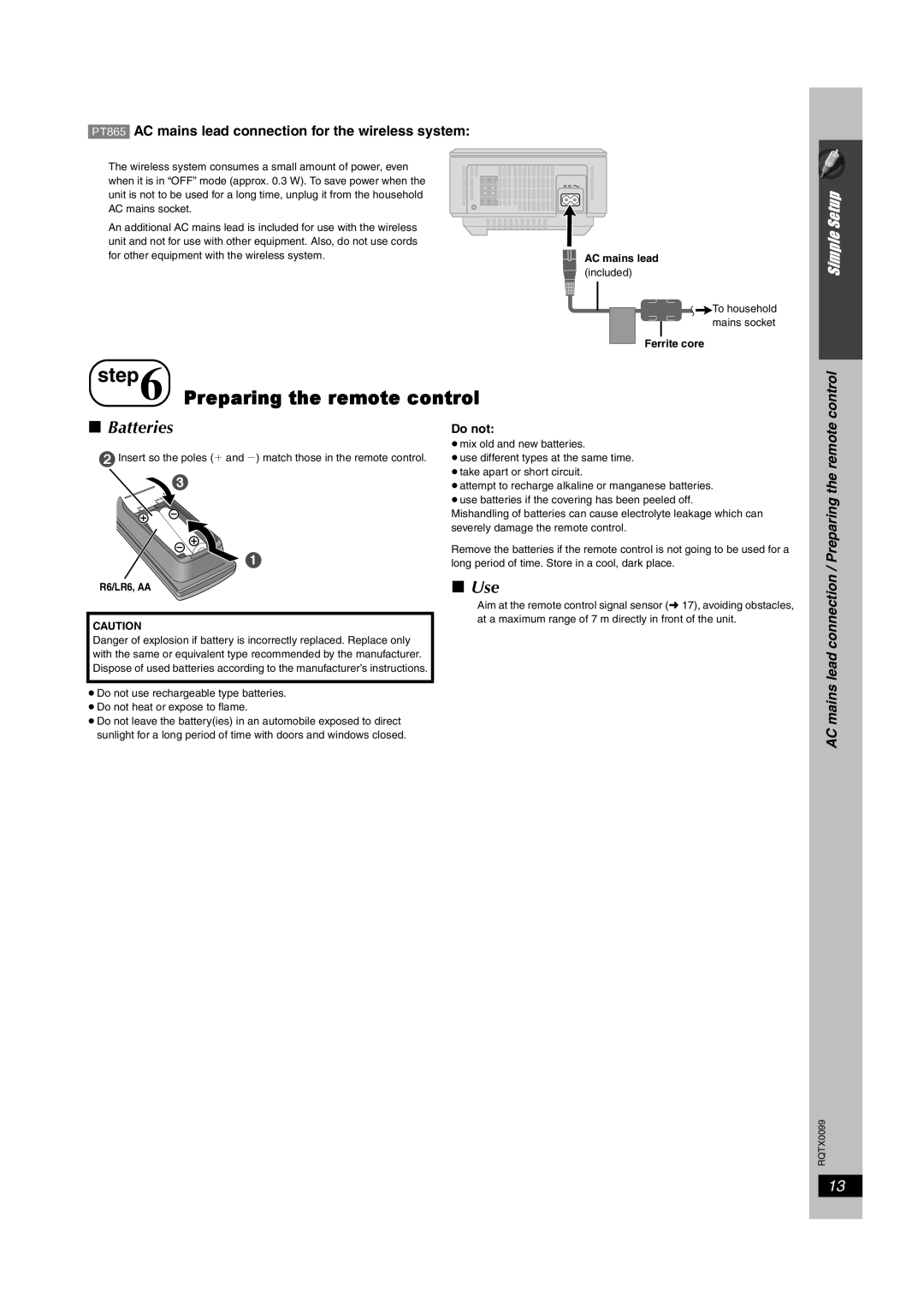 Panasonic SC-PT560 Preparing the remote control, Batteries, Use, Control, AC mains lead connection / Preparing the remote 