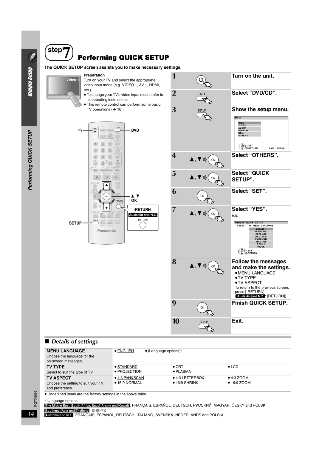 Panasonic SC-PT865, SC-PT565, SC-PT560 operating instructions Performing Quick Setup, Details of settings 