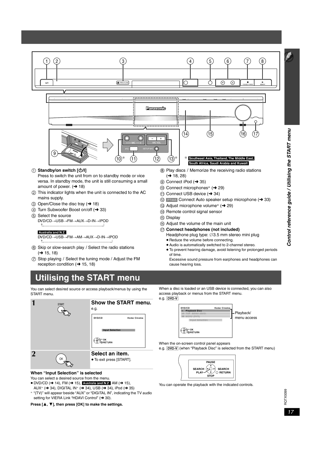 Panasonic SC-PT865 Utilising the Start menu, Select an item, Control reference guide / Utilising, Show the Start menu 