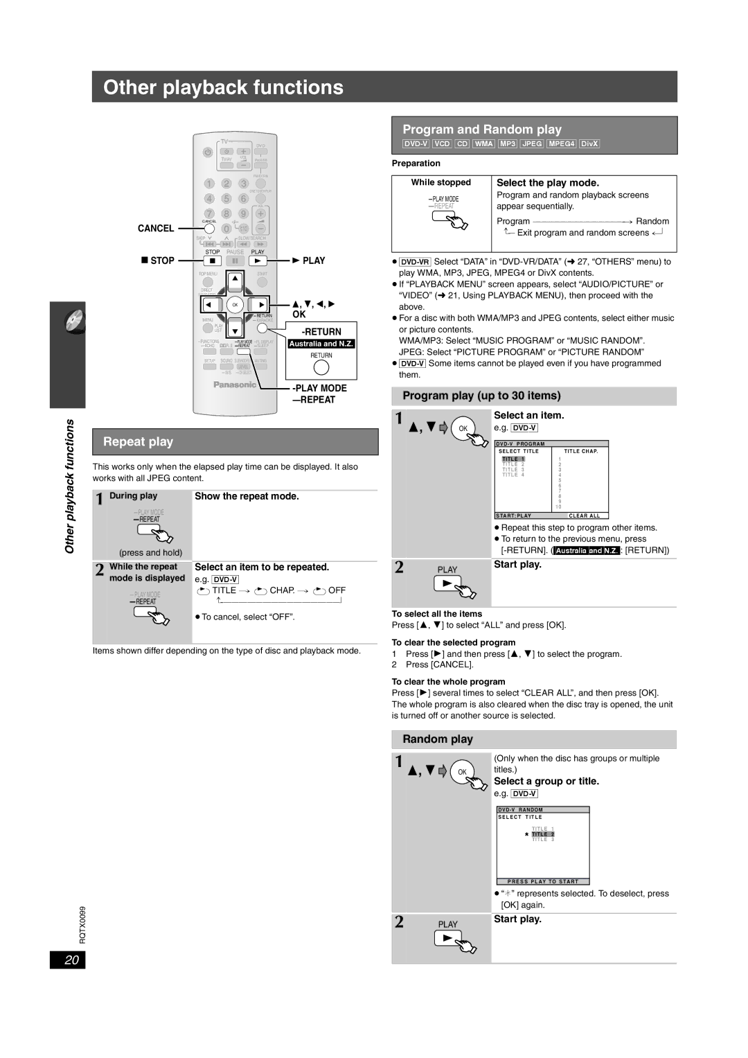 Panasonic SC-PT865, SC-PT565, SC-PT560 operating instructions Other playback functions, Program and Random play, Repeat play 